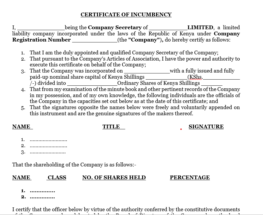 Certificate of incumbency